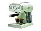 Light green espresso machine with two cups of coffee being dispensed, on a white background.