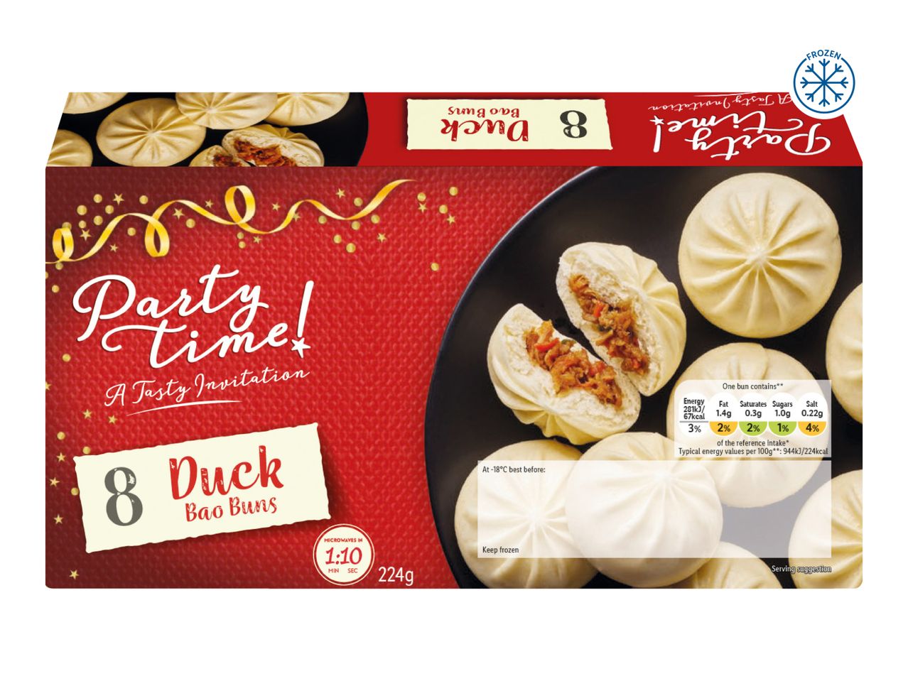 Party Time! 8 Duck Bao Buns, frozen, with nutritional information.