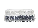 A clear plastic container holds assorted cable clips and nails, organized in compartments.