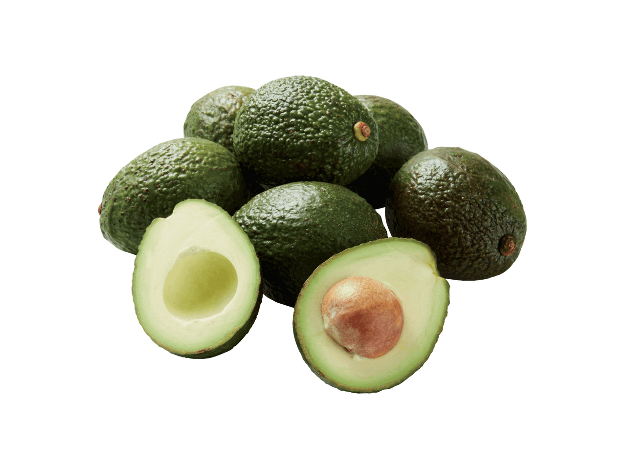 Kuhjatud avokaadod, millest kaks on poolitatud, üks seemnega ja teine ilma.
