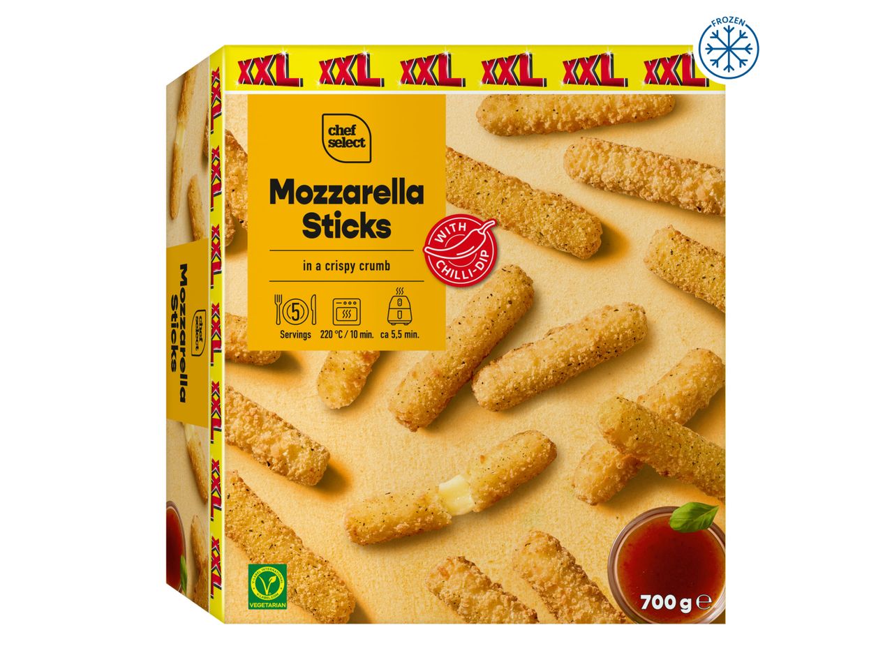 Chef Select XXL Mozzarella Sticks, frozen, in crispy crumb with chili dip, 700g.
