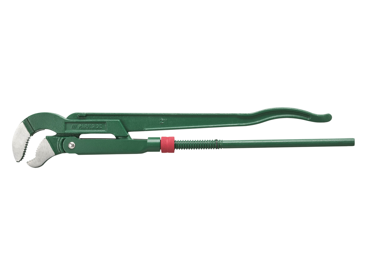 Parkside pipe wrench, green with silver jaws and red adjustment knob