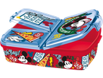 Red lunchbox with blue lid, divided into compartments, featuring cartoon character designs and text like 'Oh Boy!' and 'Old School'.
