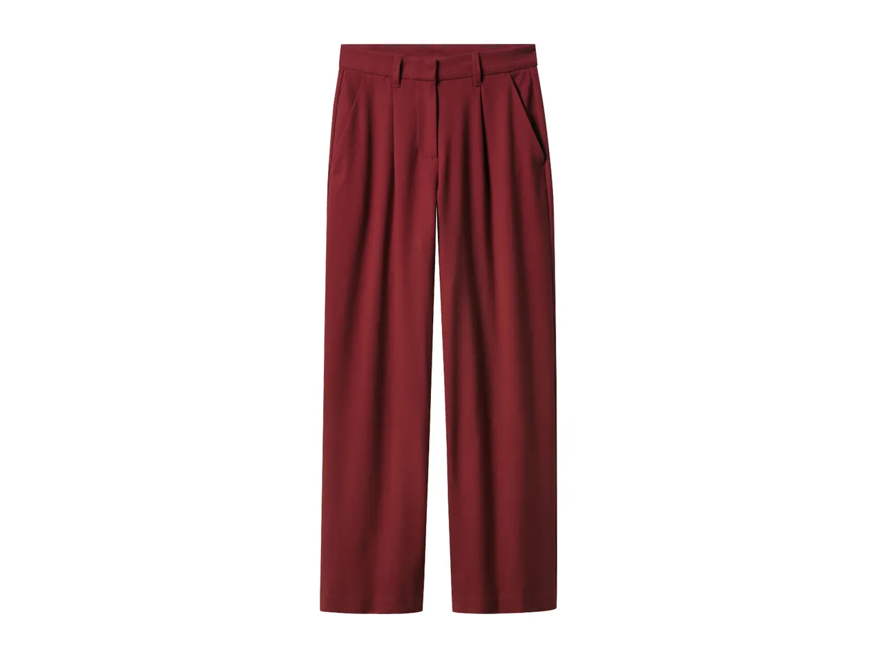 A pair of red wide-leg trousers with pleats and pockets.