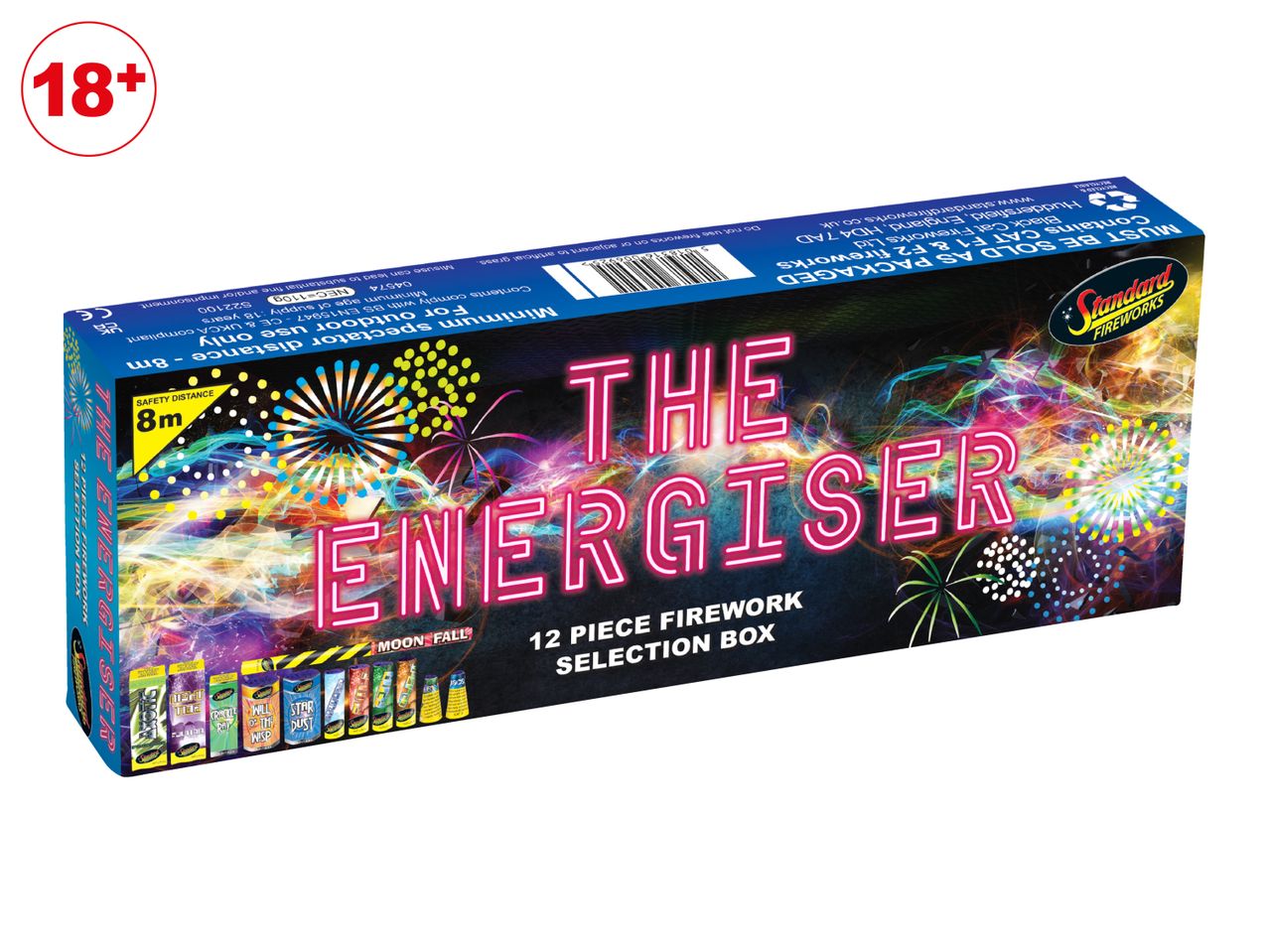 A 12-piece firework selection box called The Energiser with an 18+ age restriction label.