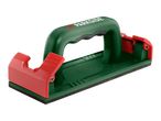 Green and red sanding block with a handle and a black foam base.