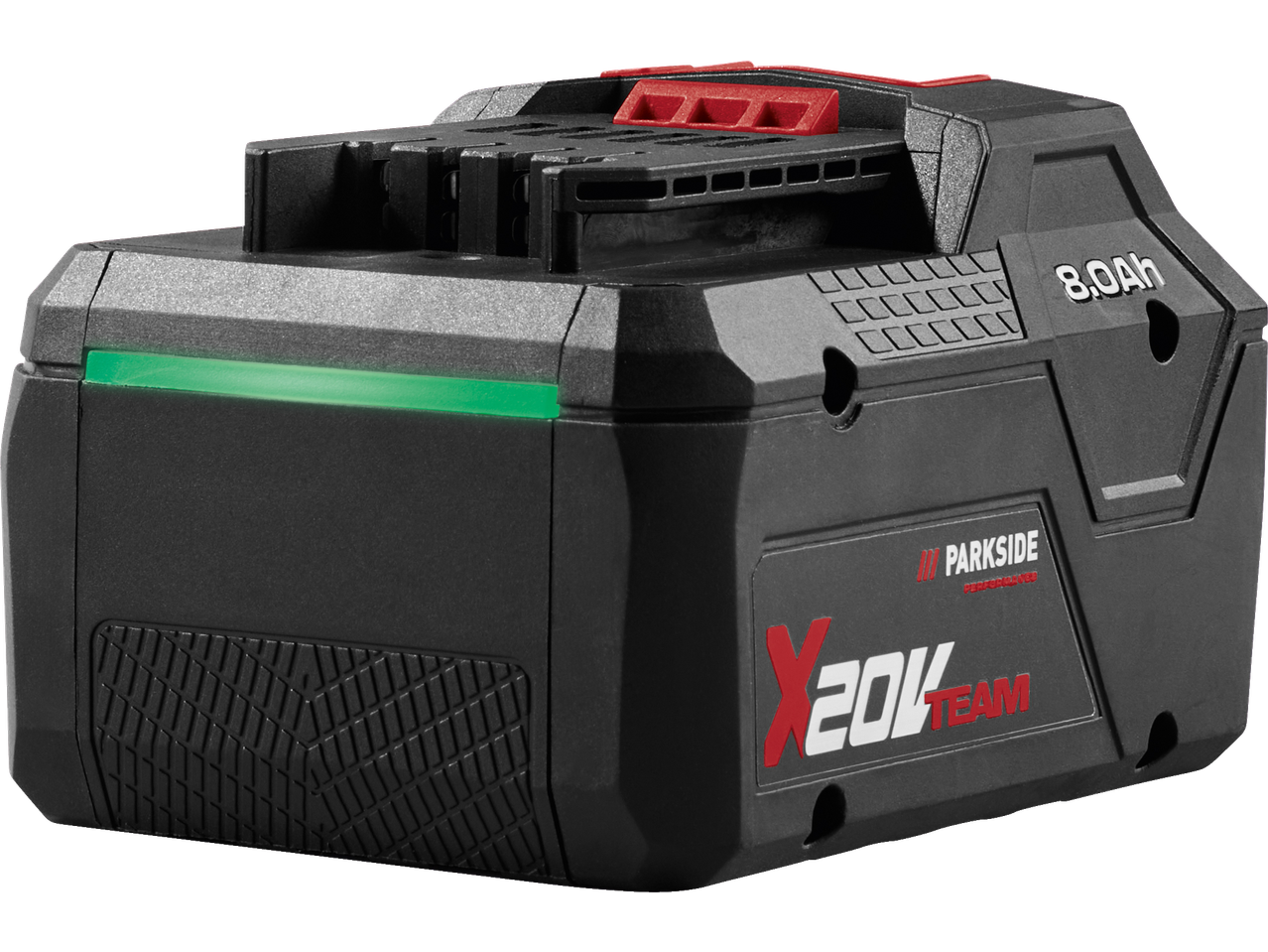 Black 8.0Ah 20V power tool battery with a green LED indicator and red accents.
