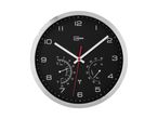 A black wall clock with a silver frame, featuring a thermometer and hygrometer.