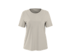 Plain light beige short-sleeved t-shirt with a round neck.