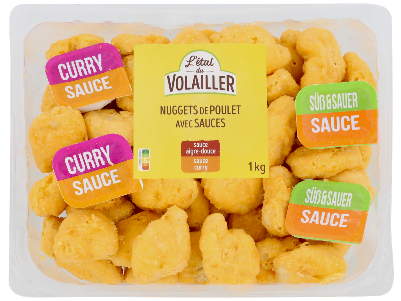 Nuggets de poulet avec sauces curry et aigre-douce, 1 kg.