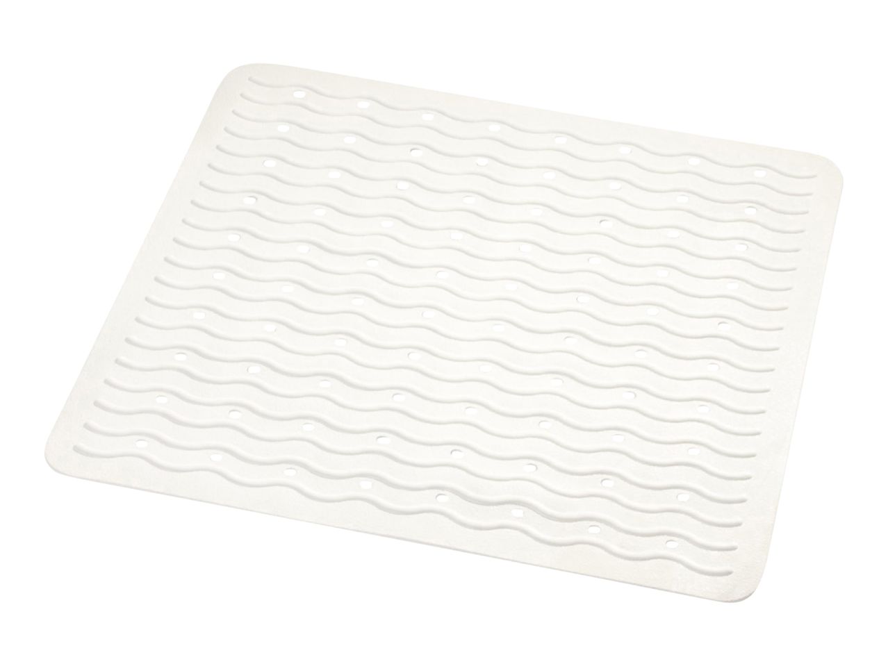White square bath mat with wavy texture and drainage holes