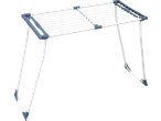 Foldable clothes drying rack with white bars and blue plastic joints.
