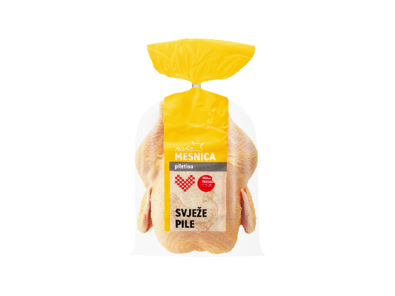 Svježe pile u žutoj ambalaži s natpisom 'Naša Mesnica piletina'