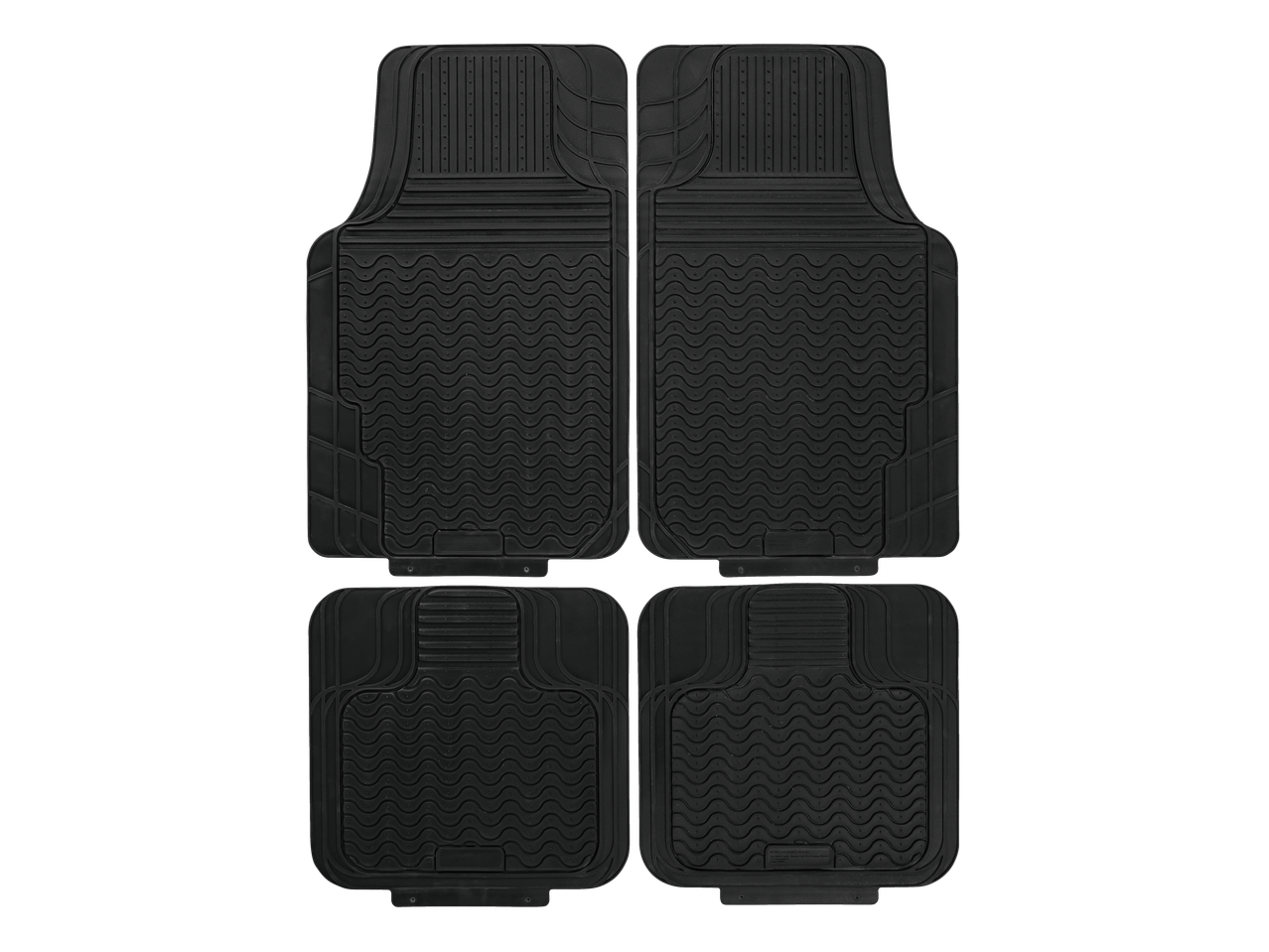 Conjunto de quatro tapetes de carro de borracha pretos com design ondulado antiderrapante.