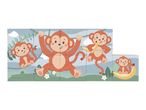 Children's wooden puzzle with cartoon monkeys and bananas.