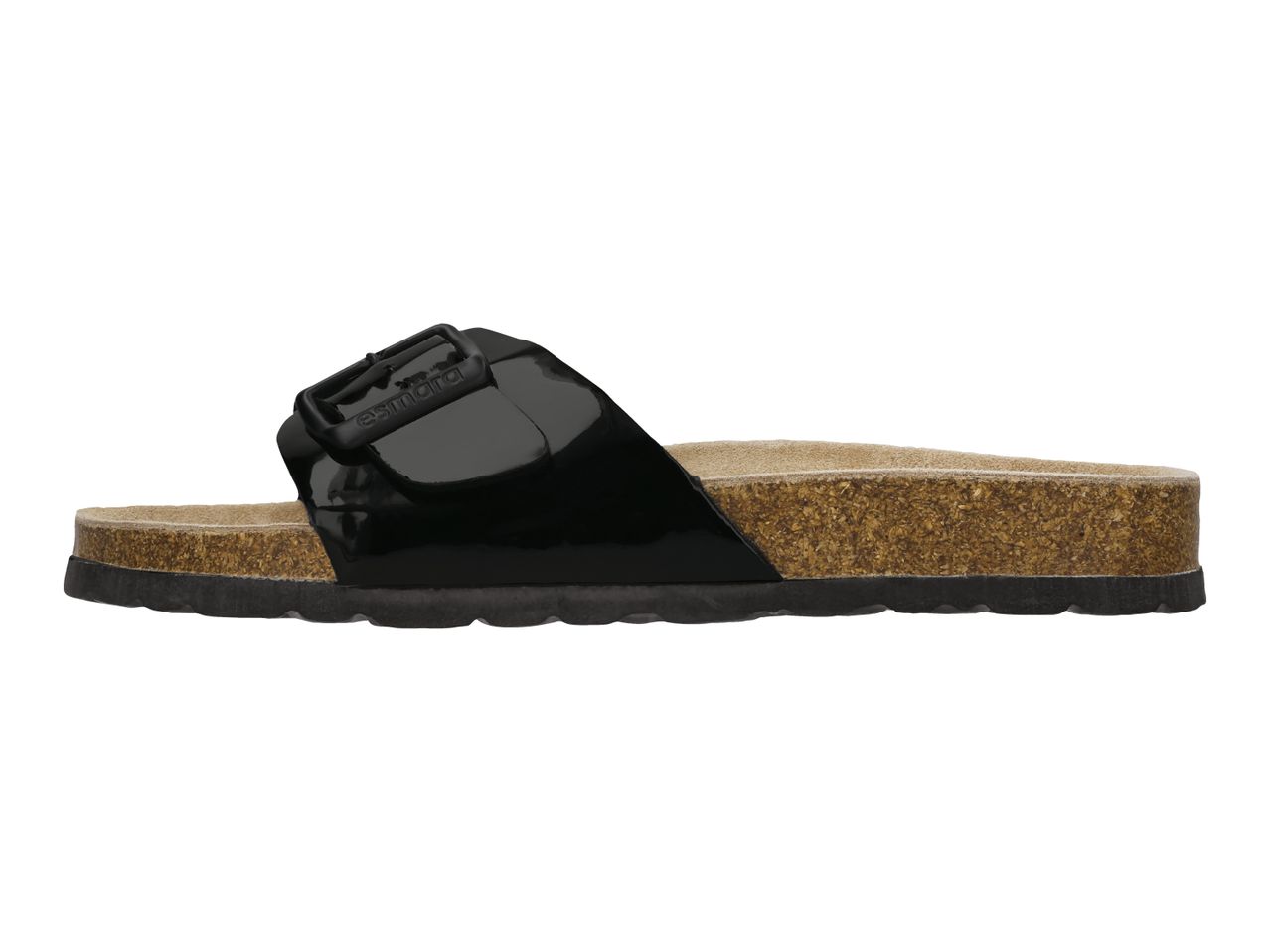 Black patent leather slide sandal with a cork footbed and a buckle detail
