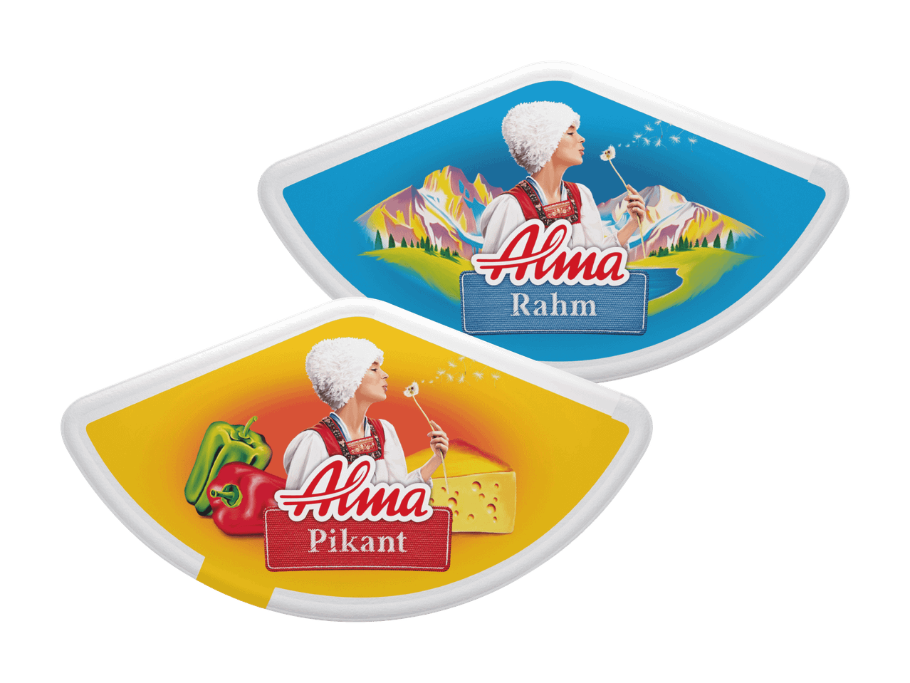 Zwei Alma-Käseverpackungen: eine für Rahm und eine für Pikant, mit einer Frau, die Pusteblumen bläst.