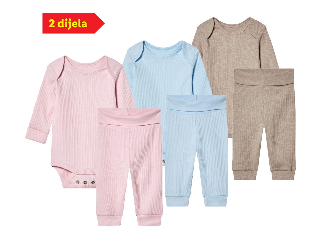 Set odjeće za bebe s tri bodija i tri hlače u ružičastoj, plavoj i bež boji.