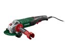 An angle grinder with a green body, red handle, and a green cutting disc.
