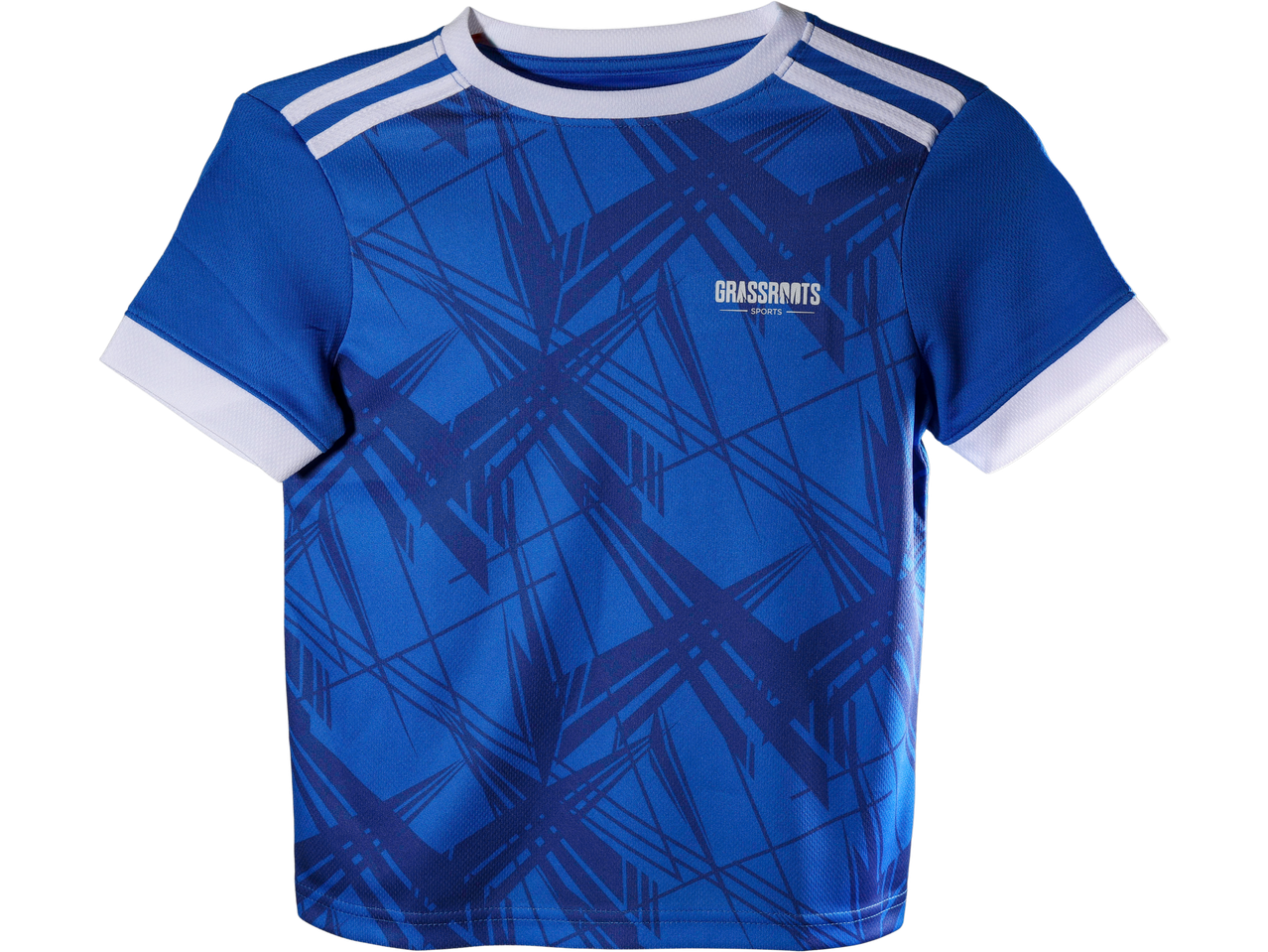 Blue kids' training jersey with white stripes on shoulders and a geometric pattern.