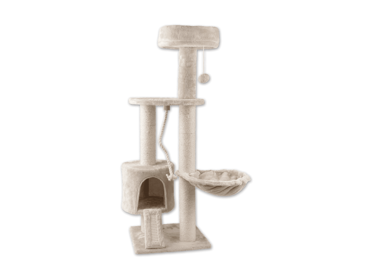 Beiger Katzenkratzbaum mit Höhle, Hängematte und Spielzeug auf schwarzem Hintergrund.