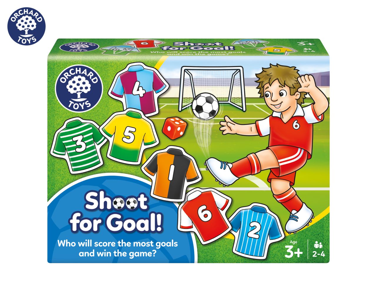 Football-themed board game box with a boy kicking a ball, jerseys, and a dice.