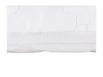 Close-up of a white quilted mattress protector with a mesh side panel.