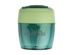 Green and teal pencil sharpener with a transparent base, featuring a logo on the front.