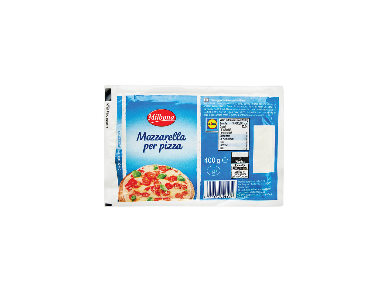 Milbona Mozzarella for pizza, 400g, with nutritional information and ingredients.
