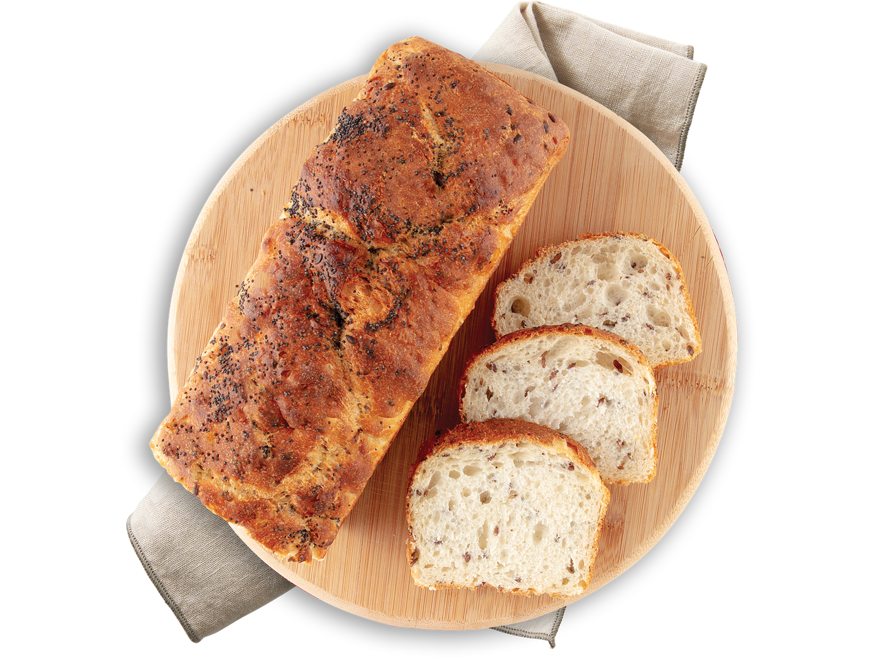 Kruh sa sjemenkama maka i lana na bambusovoj dasci.