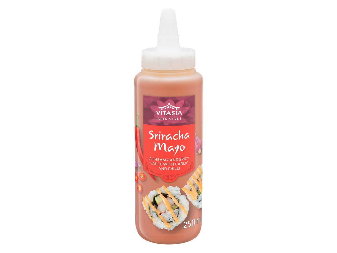 Vitasia Sriracha Mayo: 250 ml pudel Aasia stiilis kastet, sushi pildiga.