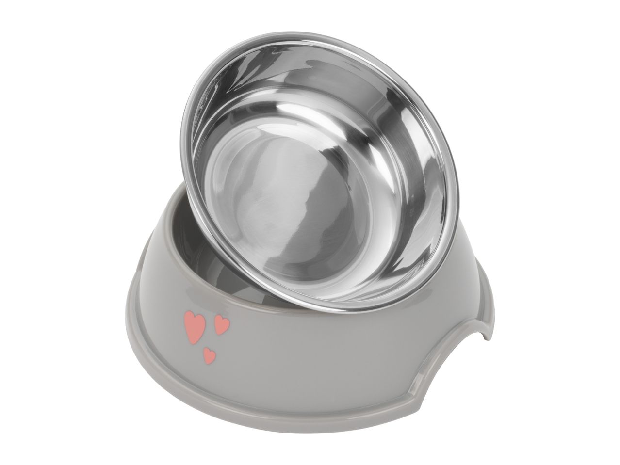 Grey plastic pet bowl with pink hearts and a removable stainless steel insert