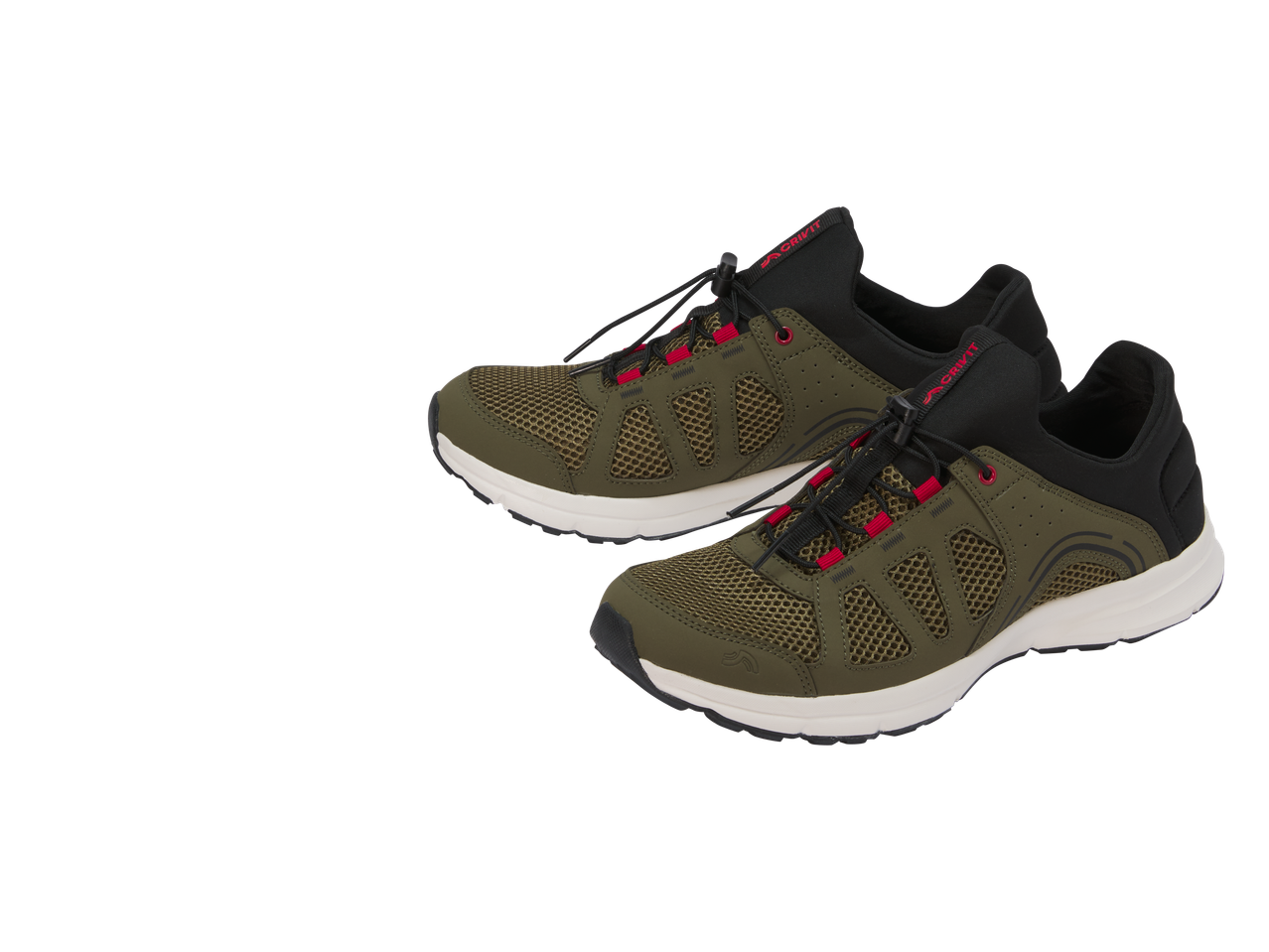 Par maslinastozelenih mrežastih sportskih patika sa crvenim detaljima i belim đonom.