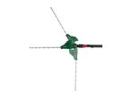 Green and black pole hedge trimmer with adjustable blades shown at different angles.