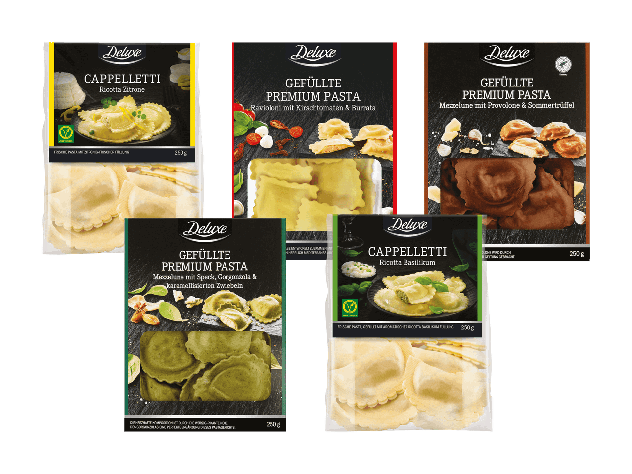 Fünf Packungen gefüllte Premium-Pasta, darunter Cappelletti mit Ricotta Zitrone und Basilikum, sowie Mezzelune.