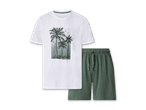 Weißes T-Shirt mit Palmen-Print und grüne Shorts