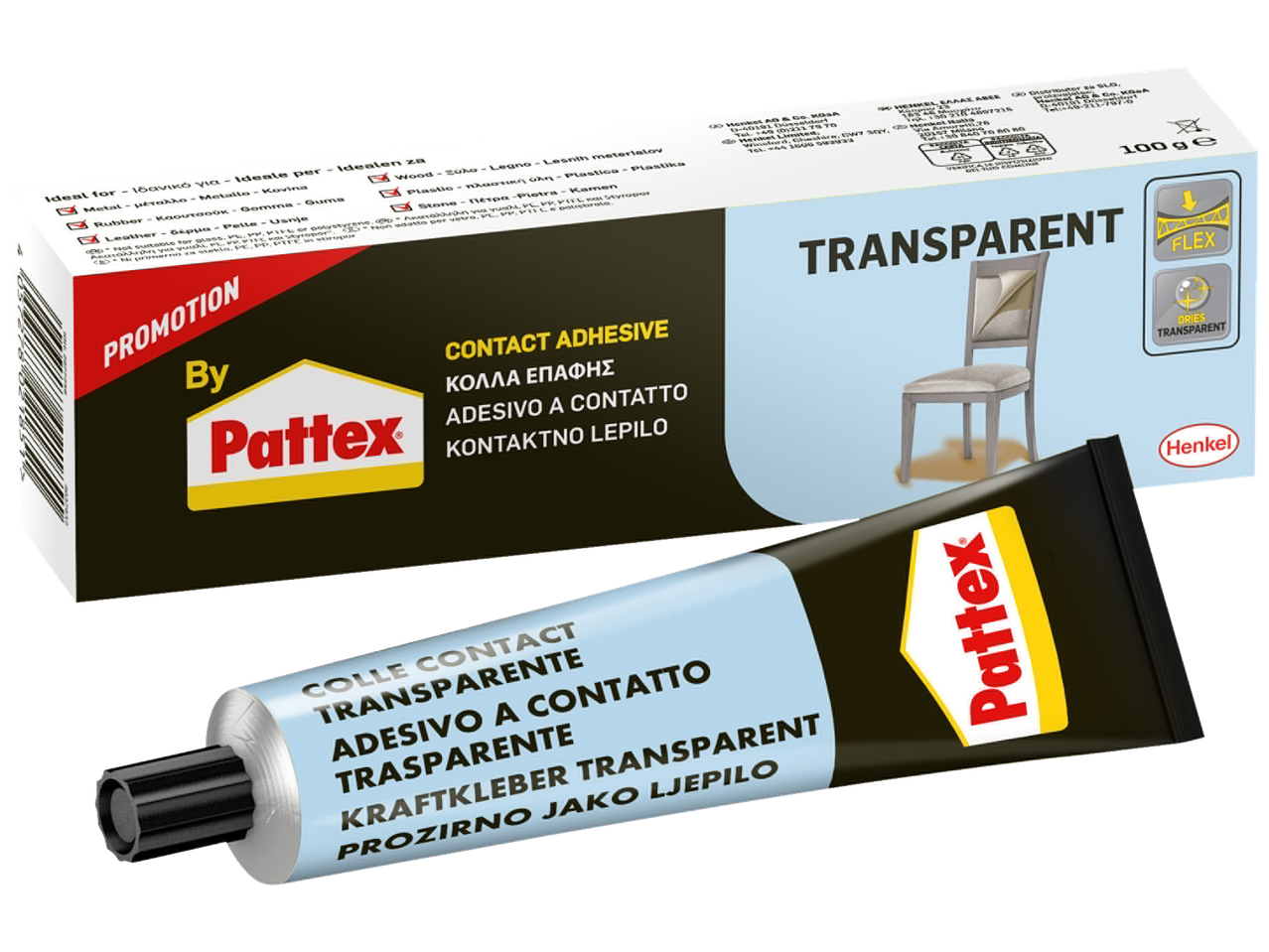 Διαφανής κόλλα επαφής Pattex σε σωληνάριο και συσκευασία.