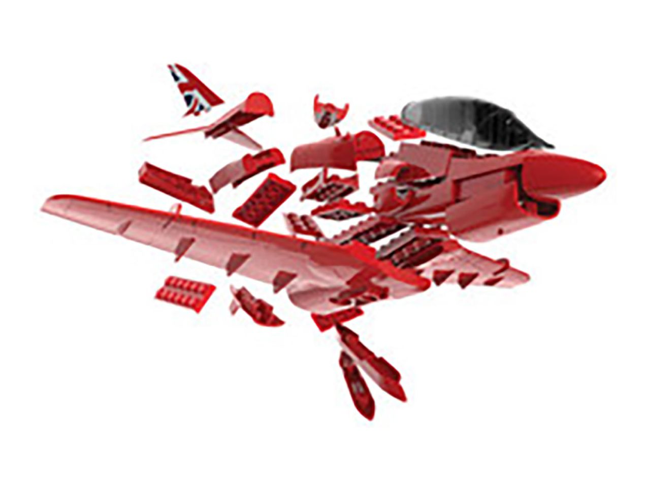 Red toy airplane in pieces, showing its internal structure and parts.