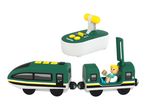 Green toy train with a remote control and a figure in the open carriage.