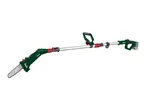Cordless pole saw with an adjustable telescopic handle and a green and black chainsaw head.