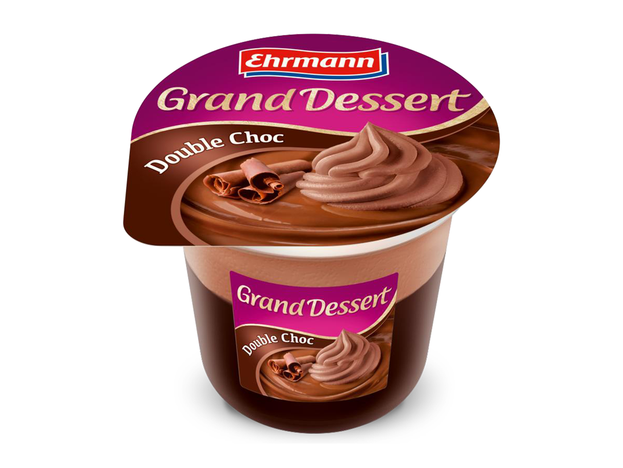 Een chocoladedessert in een beker met chocoladekrullen en een toef chocolademousse, met de tekst 'Grand Dessert Double Choc'.