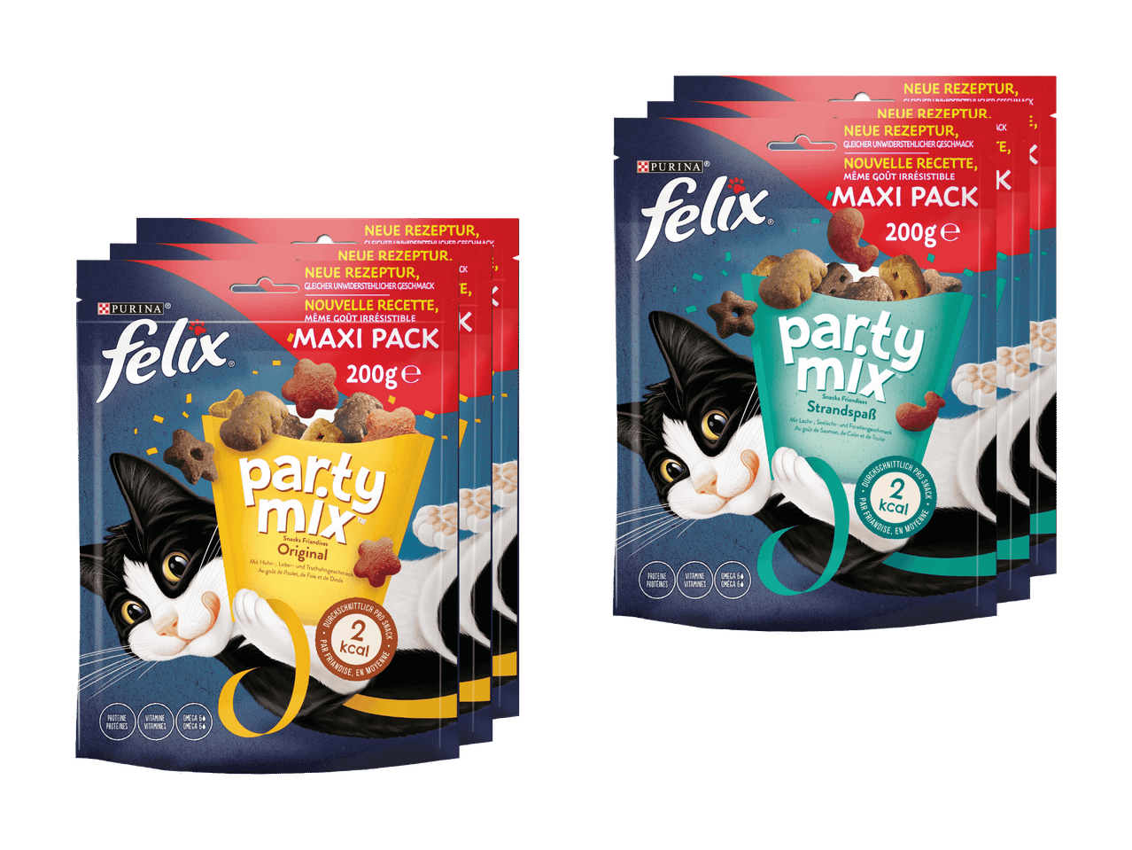 Mehrere Packungen Katzenleckerlis mit schwarzer Katze, Aufschrift „Party Mix Maxi Pack 200g“.