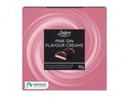 A pink box of Deluxe Pink Gin Flavour Creams, 90g, with a Fairtrade Cocoa Program logo.