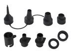 A set of black plastic pump nozzles and adapters, including various sizes and shapes, with two rubber O-rings.