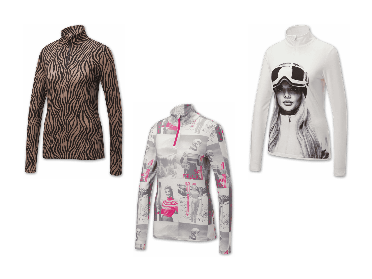 Drei langärmelige Ski-Shirts mit Reißverschluss, darunter ein Zebra-Print, ein Vintage-Ski-Print und ein Porträt-Print.