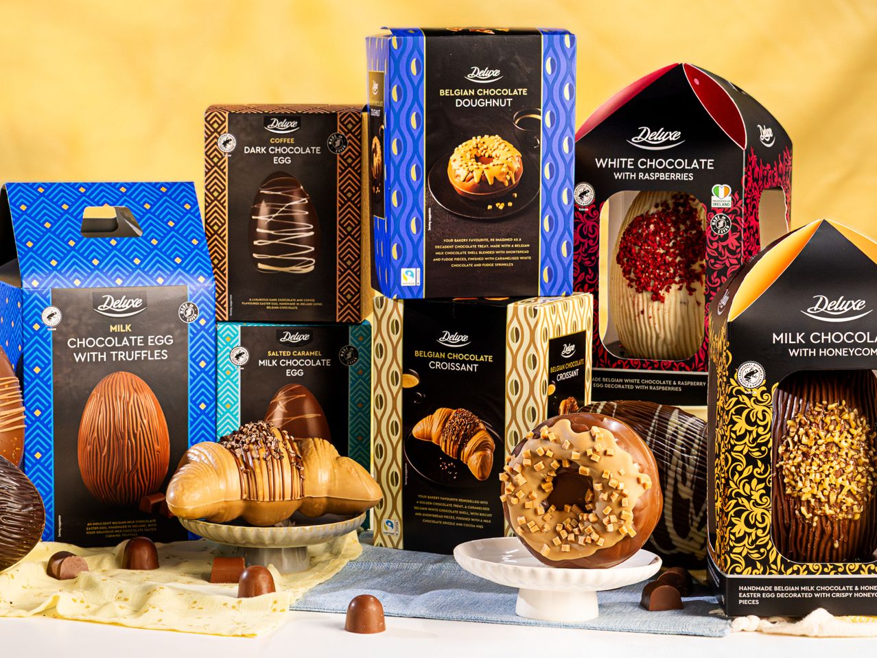 A collection of chocolate Easter eggs and novelty chocolate treats, including doughnuts and croissants.