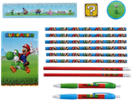 Super Mario-skolmaterial: linjaler, pennor, suddgummi och pennvässare.
