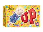 Yellow box of ice cream push-ups with colorful bubbles, featuring a large red 'UP' and '4x' count.