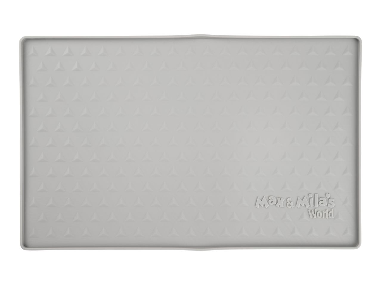 Grey silicone pet feeding mat with a raised border and textured pattern