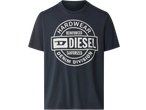 Tamnoplava majica okruglog izreza s bijelim natpisom 'HARDWEAR REINFORCED DIESEL SANFORIZED DENIM DIVISION'.